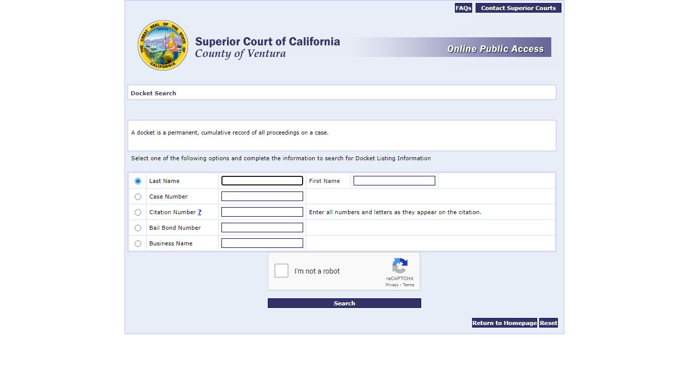 Docket Search Page - Ventura County